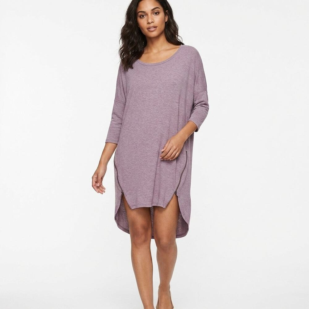Express Purple Knit High Low Tunic Sweater Solid 3/4 Sleeve Women Size M